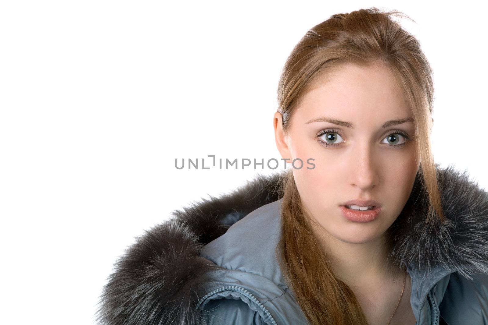 The girl in  warm jacket with a hood isolated on  white background