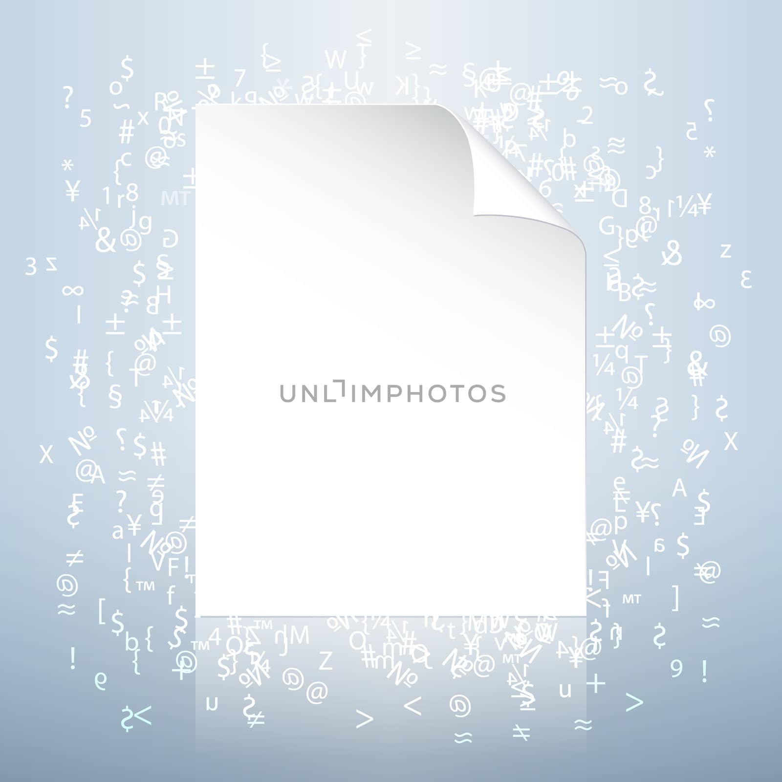 White realistic text document icon with folded corner over glossy surface with glowing white characters
