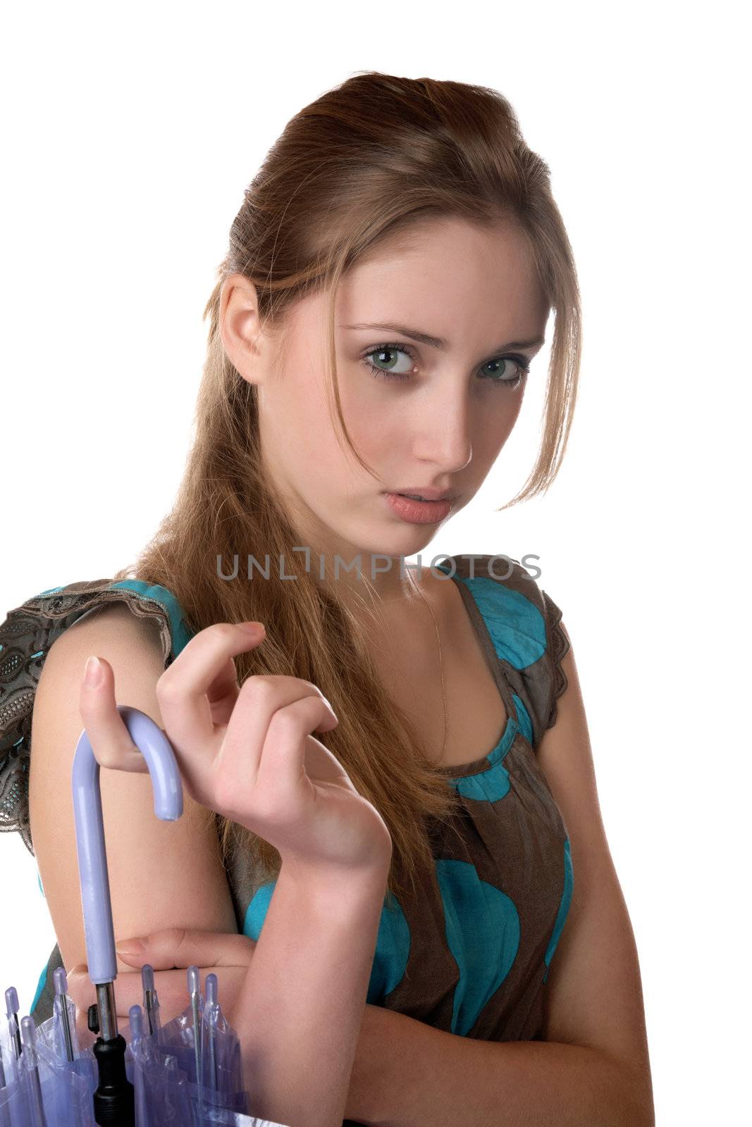 The girl with an umbrella on a white background