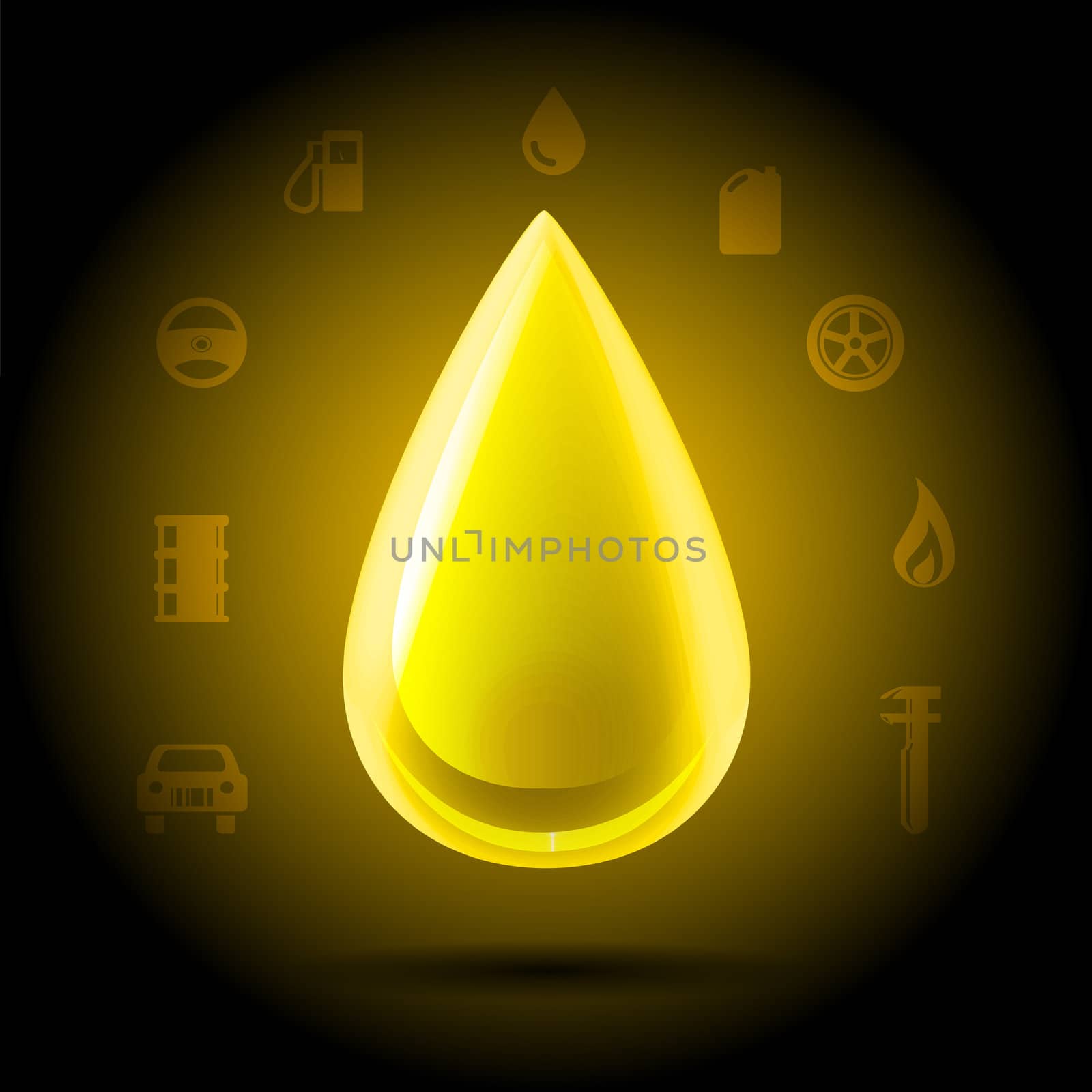 Highly detailed shining yellow golden drop of oil hanging on a dark background automotive symbols