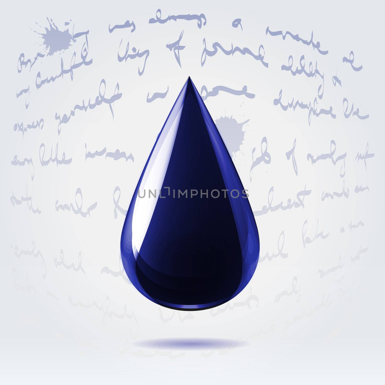 Glossy dark bright blue glossy ink drop on a light neutral background handwritten text with splashes.