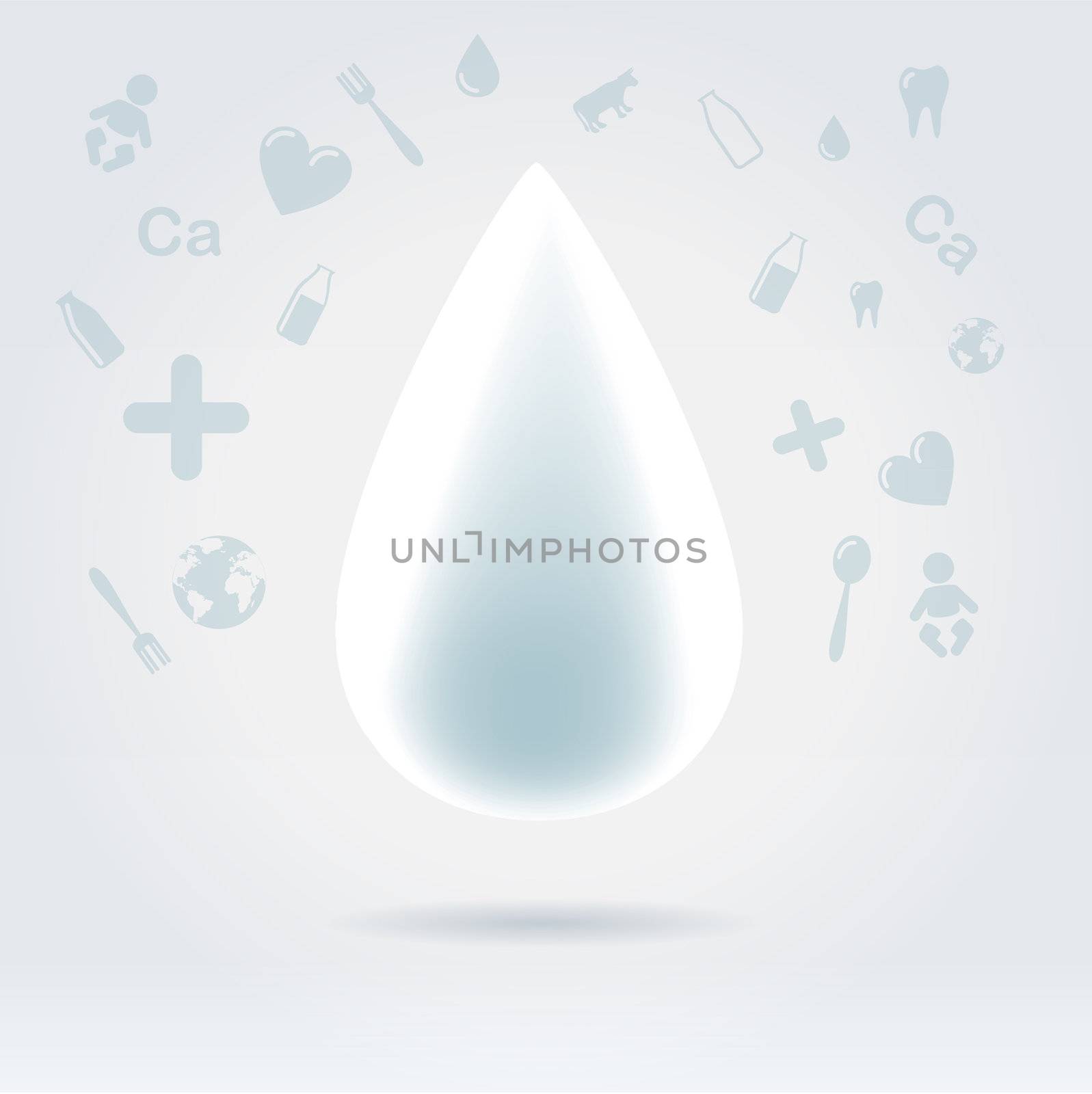 White glowing drop of milk with topic icons by pics4sale