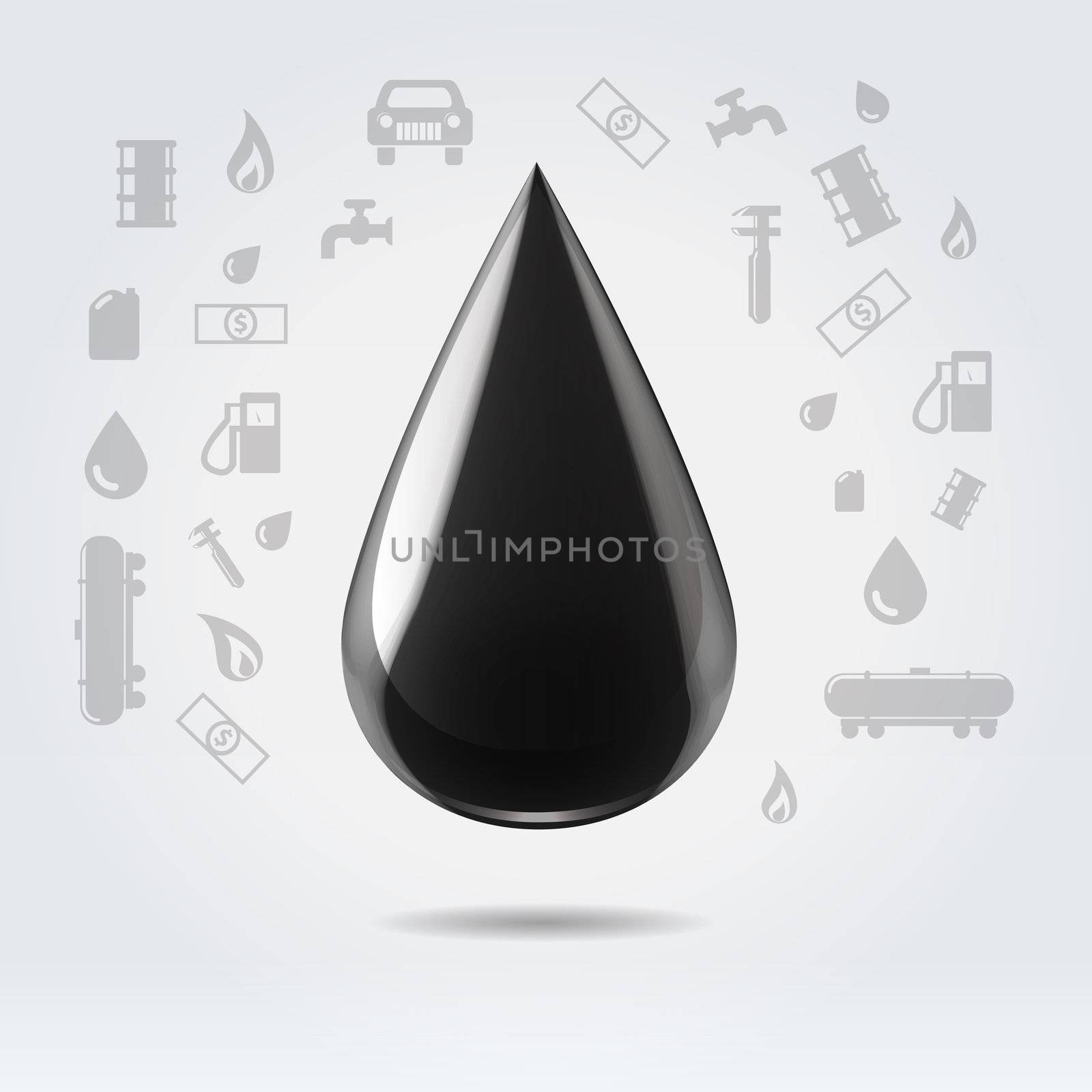 Glossy realistic oil fuel droplet hanging in light space on a symbolistic oil industry icons background