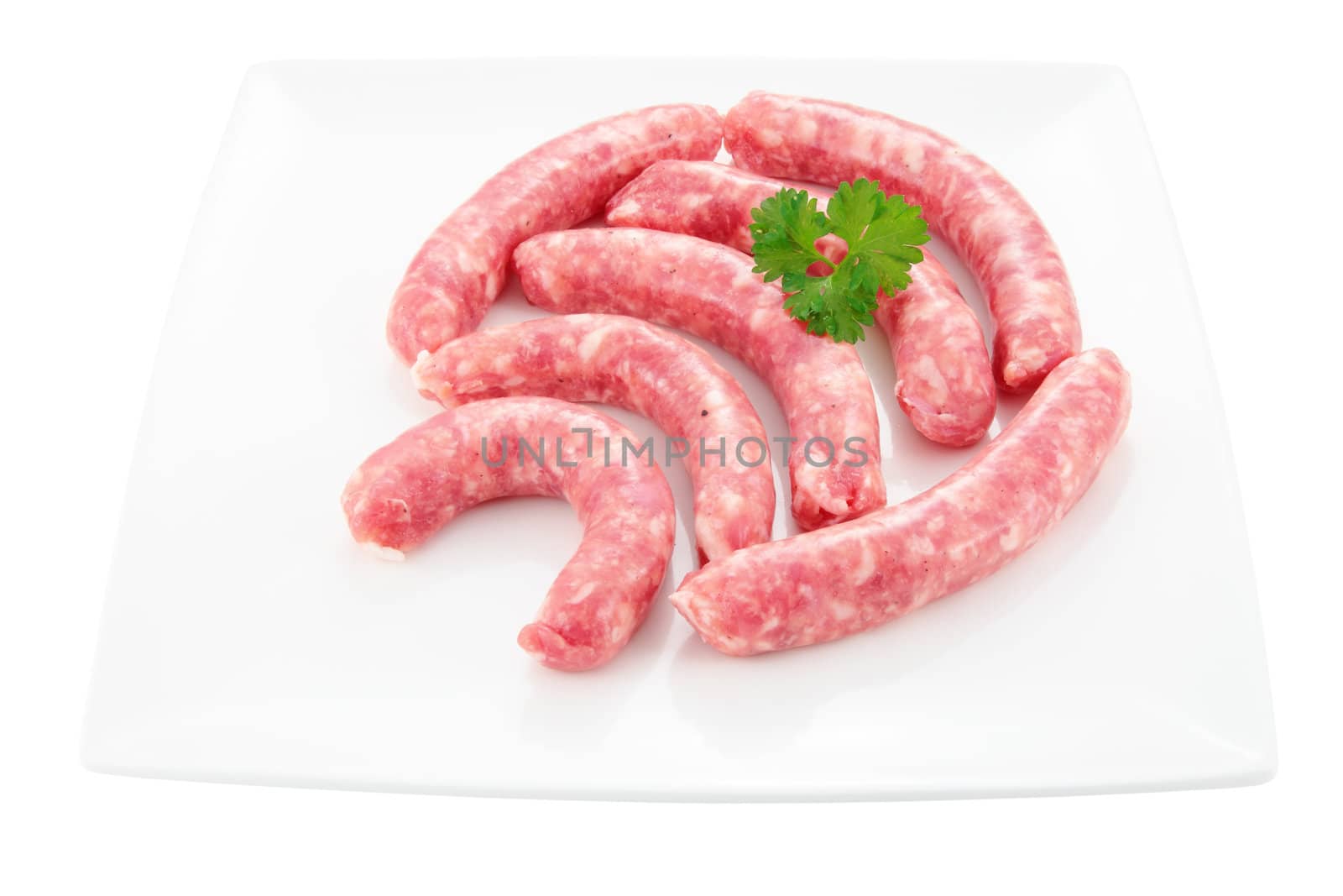 dish of sausages of minced pork with parsley crafted trimmed and isolated
