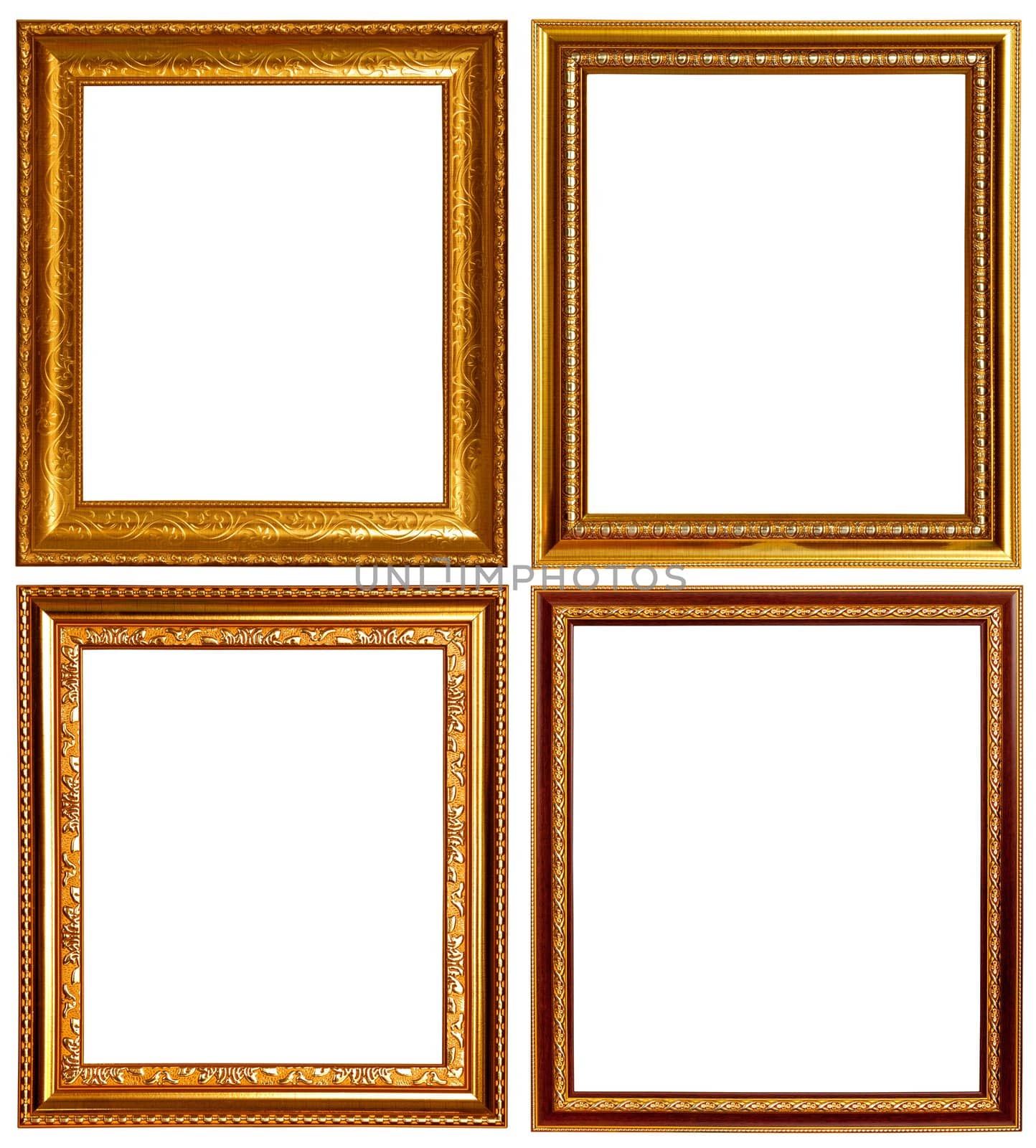 Gold and wood frame Collection on white background