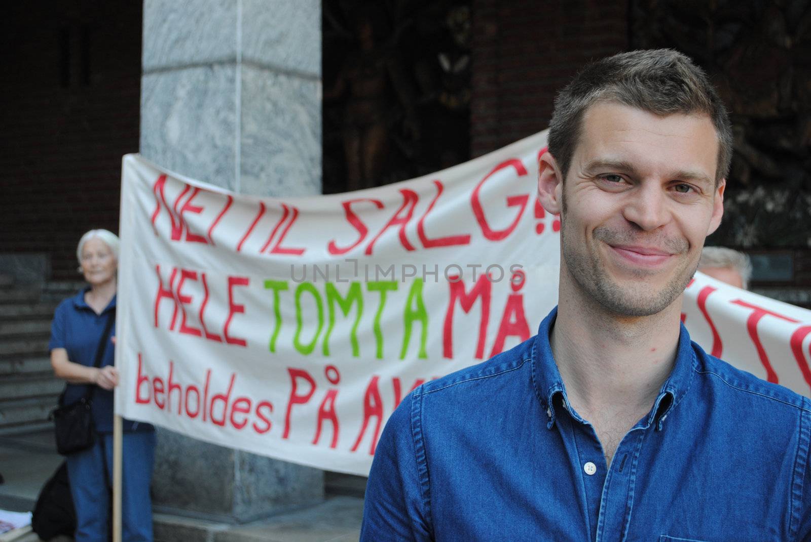 Bjørnar Moxnes, leader of the Red Party (Rødt) at a demonstration against the sale of Aker hospital in front of Oslo City Hall 23.05.2012.