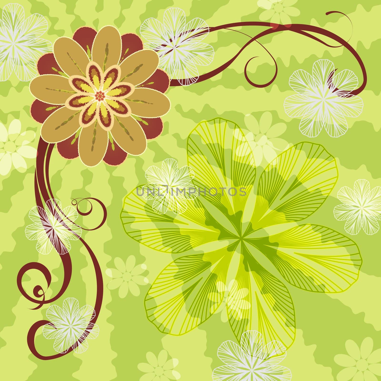 Abstract illustration - flowers ni green red and orange colors