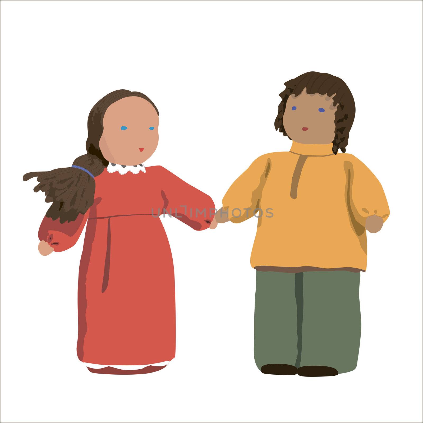Illustration - male and female dolls on the white background, close-up