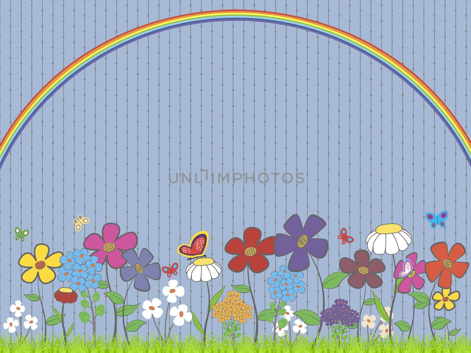 illustration - lawn with flowers and butterflies under the rainbow