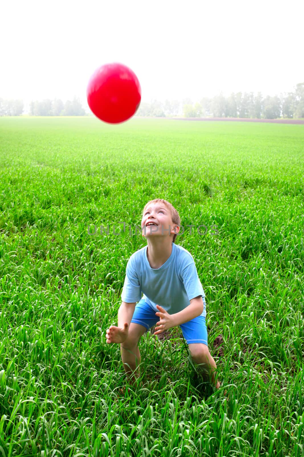 boy play with a ball in the summer field