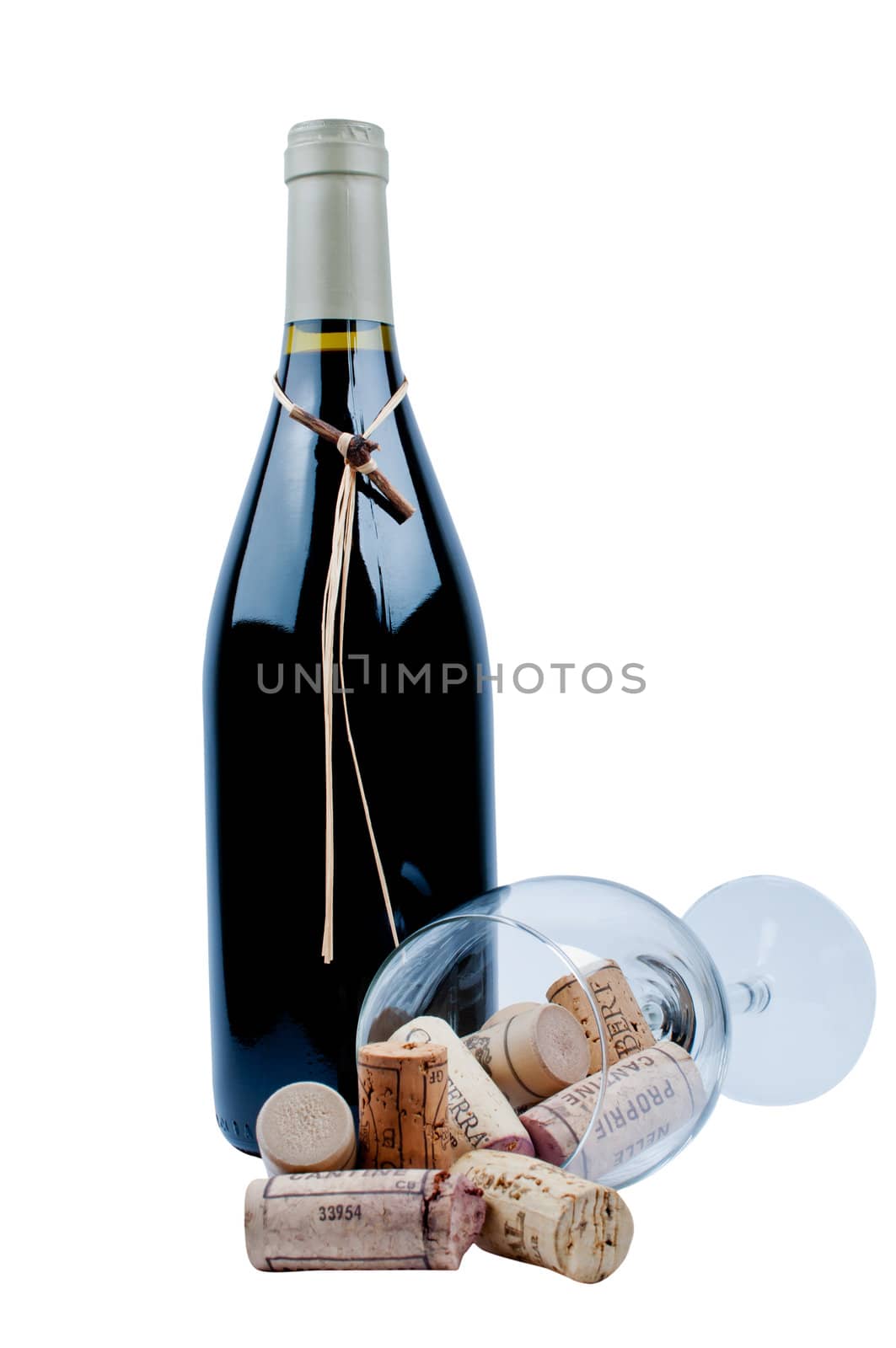 Wine bottle and glass with corks isolated