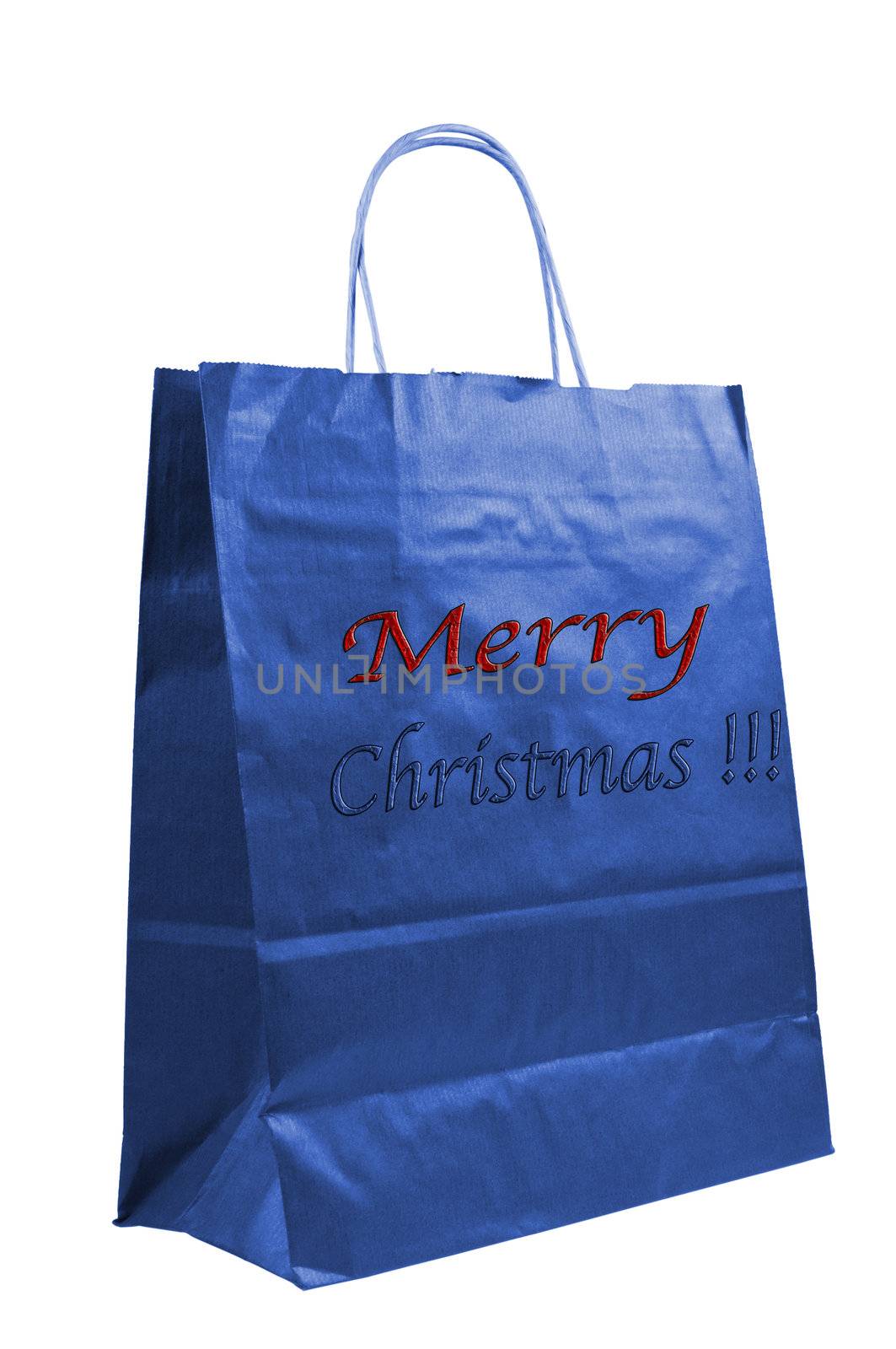 Merry Christmas paper bag close up isolated