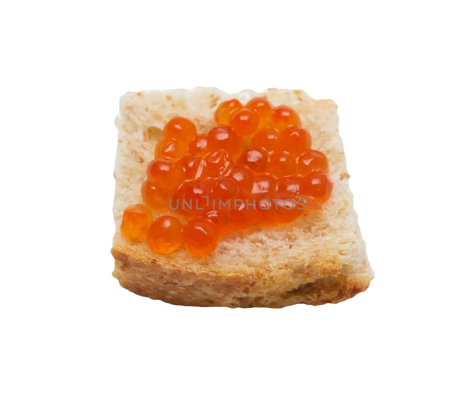 close-up red caviar on bread isolated on white background 