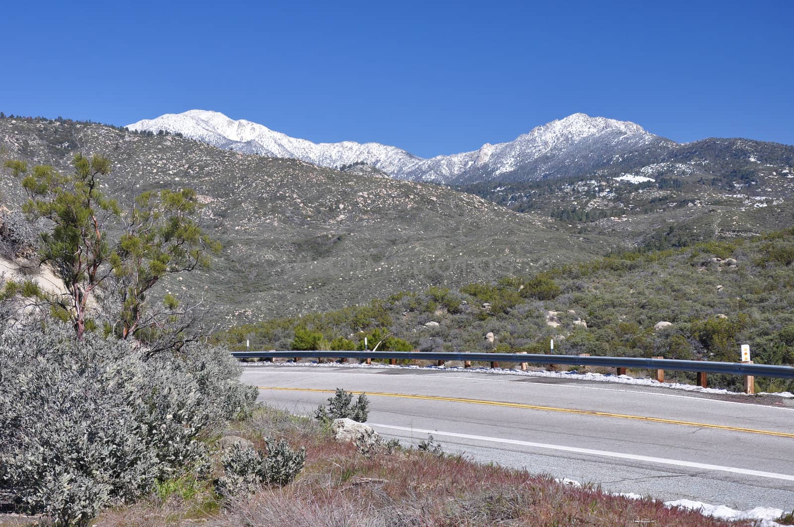 Snow-capped Mount San Jacinto is seen from Highway 74 in Southern California.