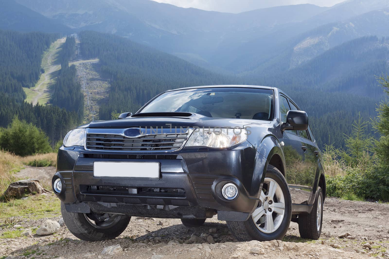 Subaru Forester in mountains.