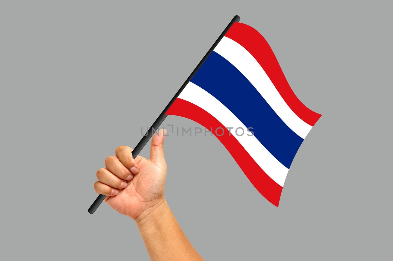 Hand holding thailand flag isolated on white background