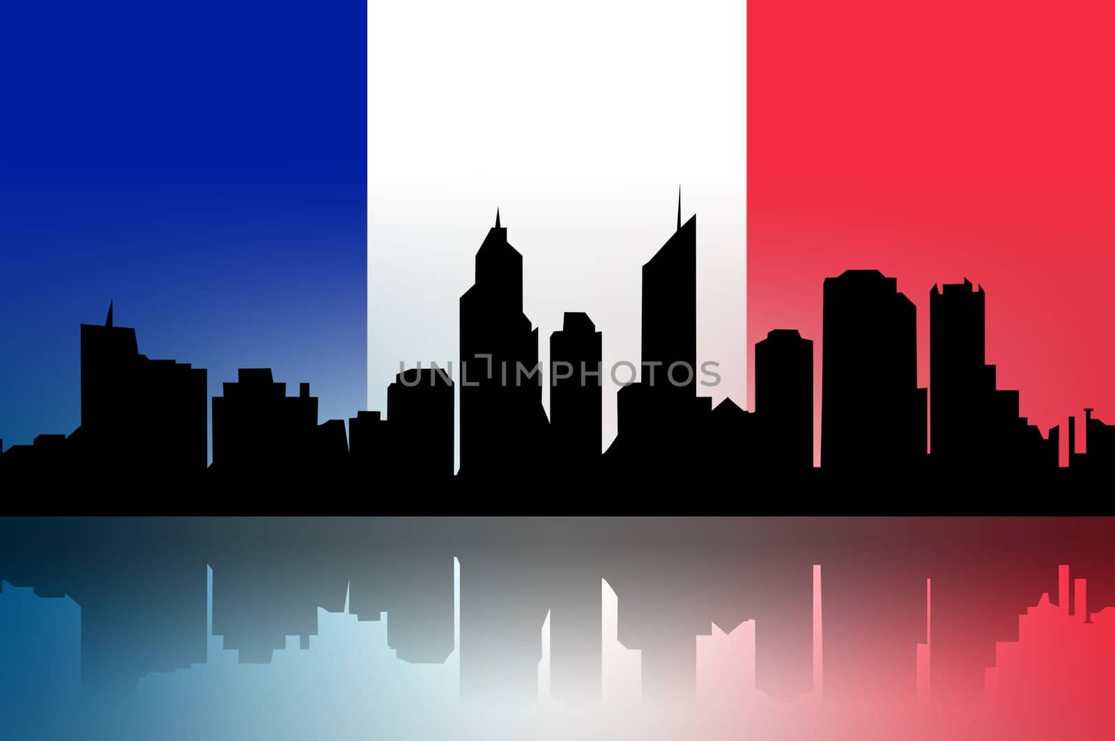 Building silhouettes of a city and flag