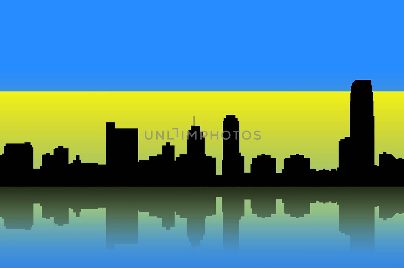 Building silhouettes of a city and flag