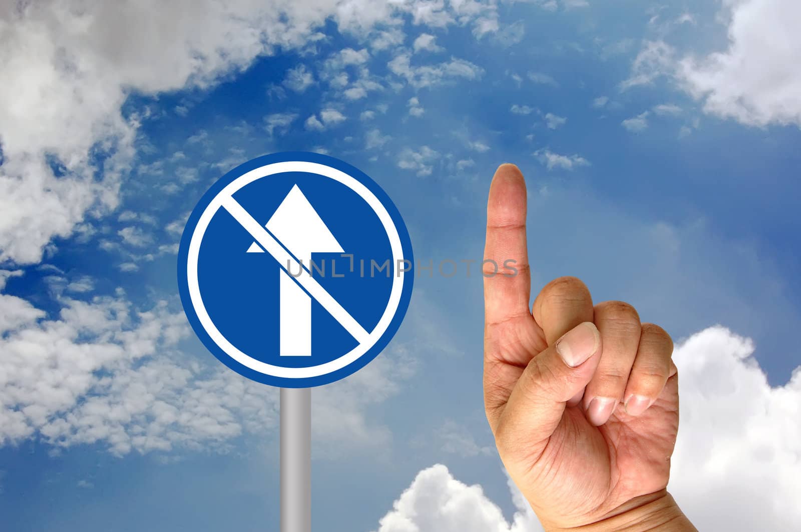 Direction traffic sign with hand 