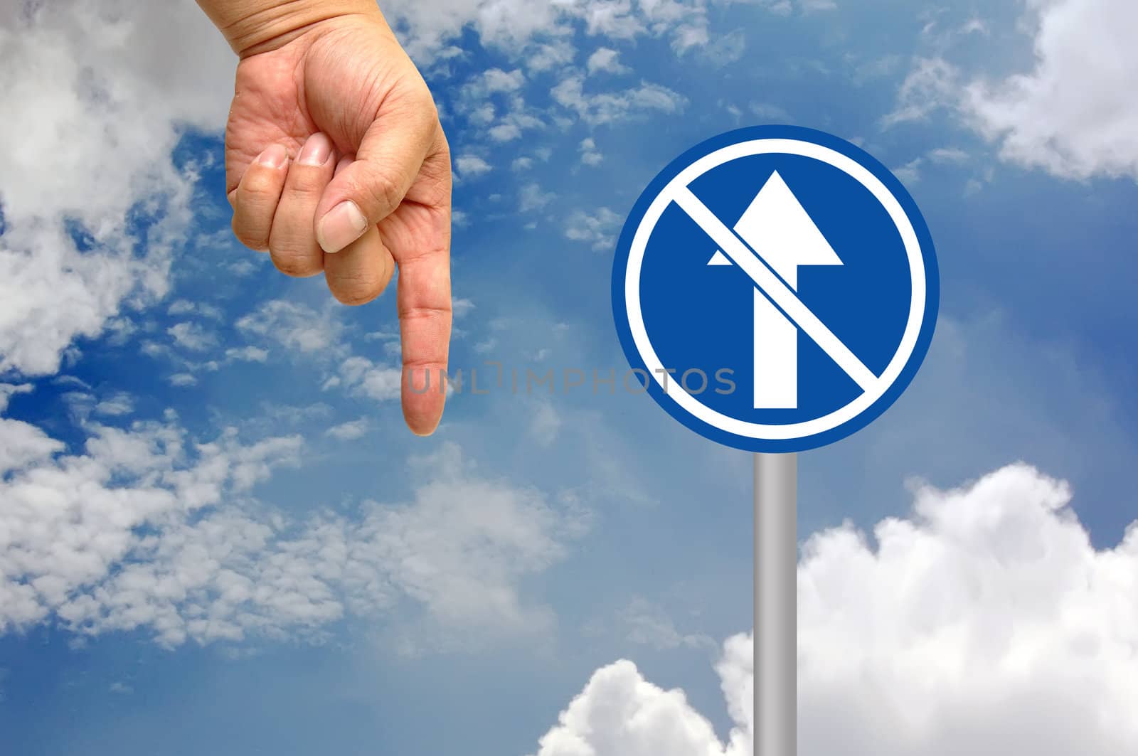 Direction traffic sign with hand 