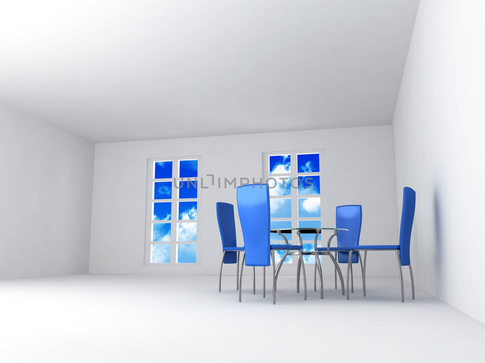 Dining room with chairs and a table in light tones with blue of the sky in the open window