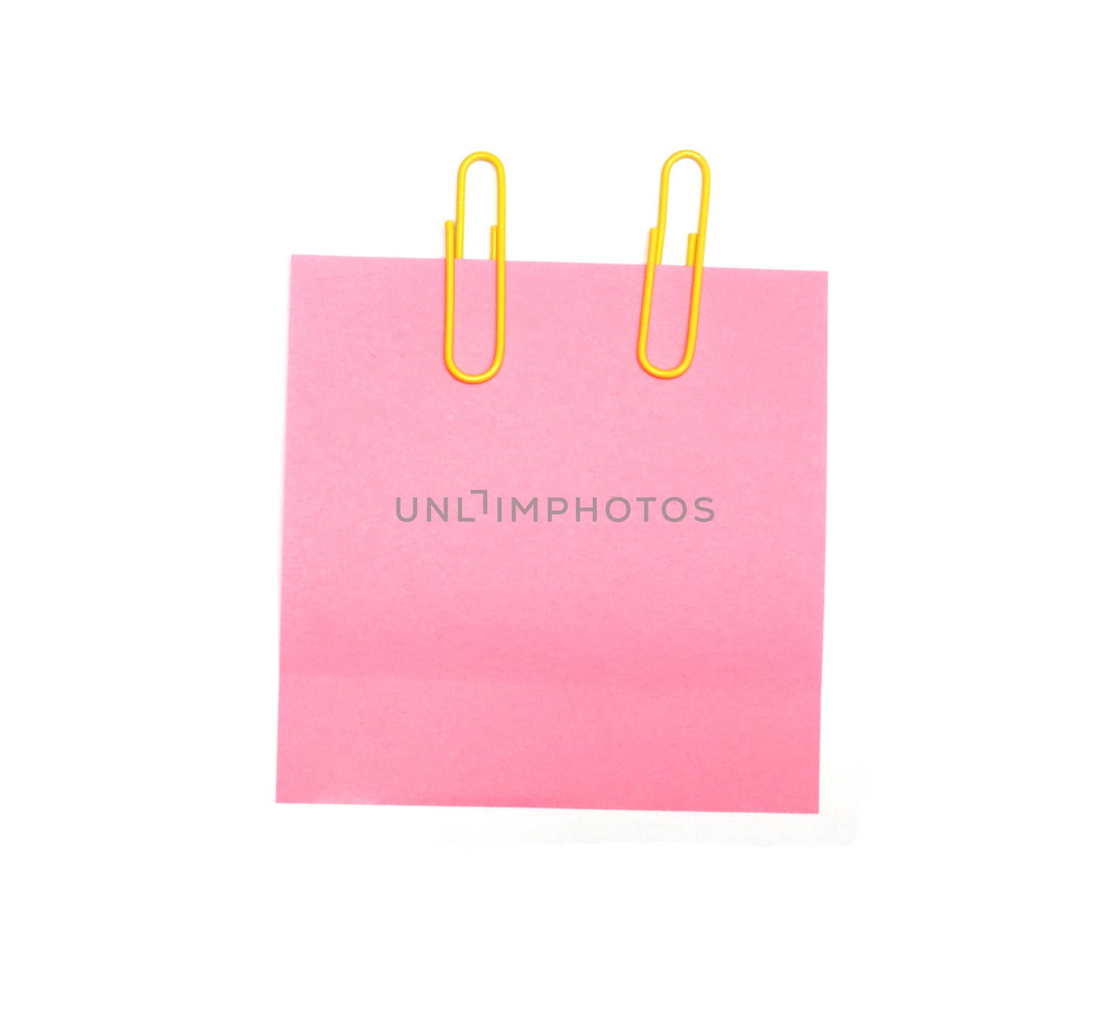 Pale pink sticker on yellow thumbtack. Isolated on white. 