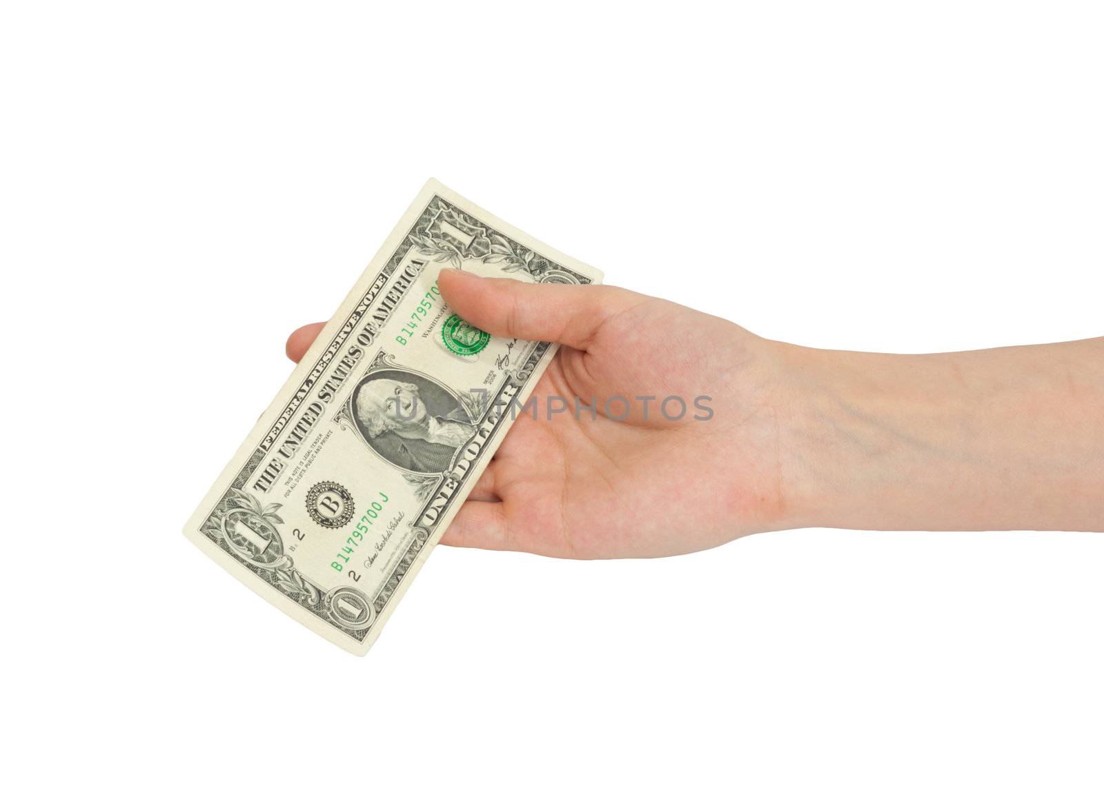 A man's hand holding a one dollar bill.  by schankz