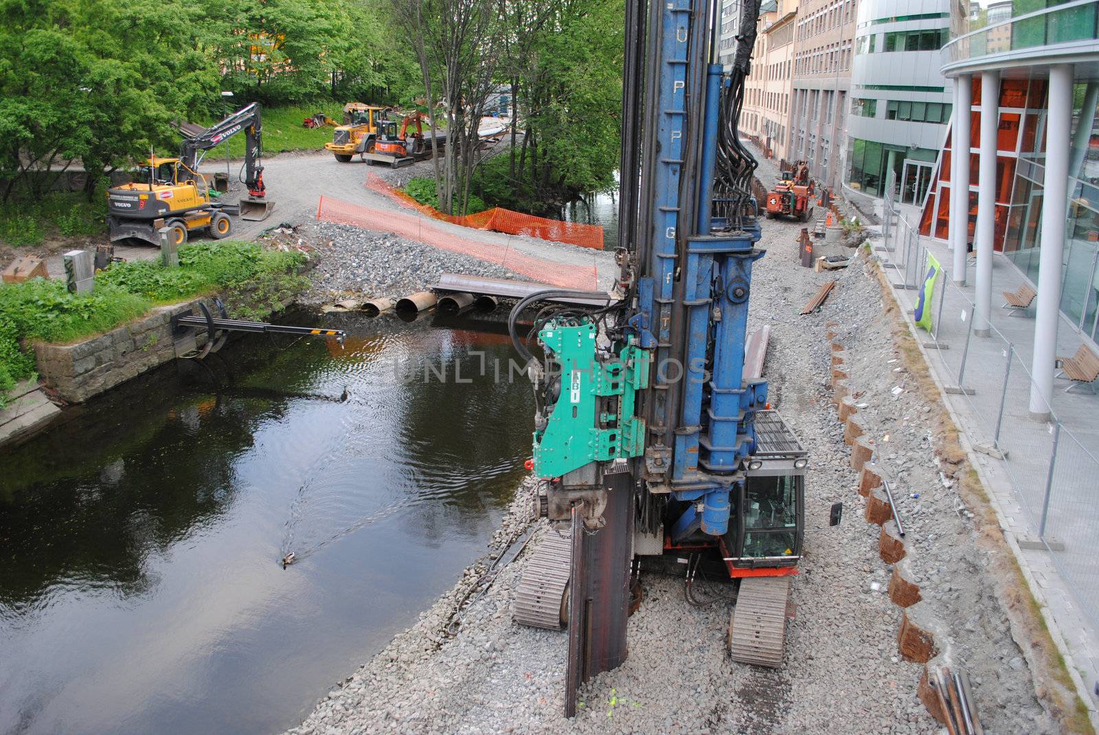 Construction work along the Aker River in Oslo, Norway.