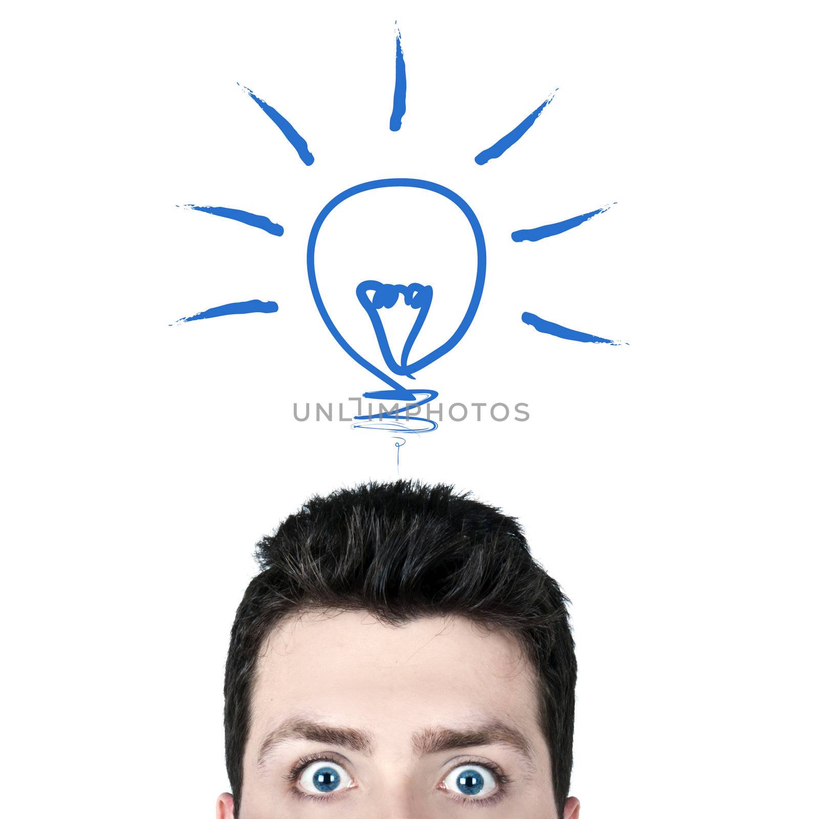 Young man surprised with wide open eyes and a bulb icon, brilliant idea concept