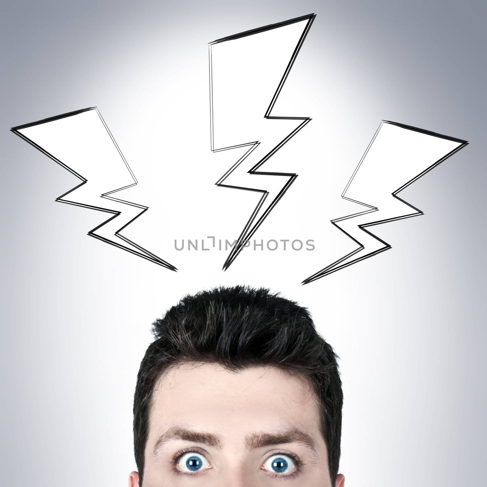 Young man surprised with wide open eyes and a thunder icon above his head