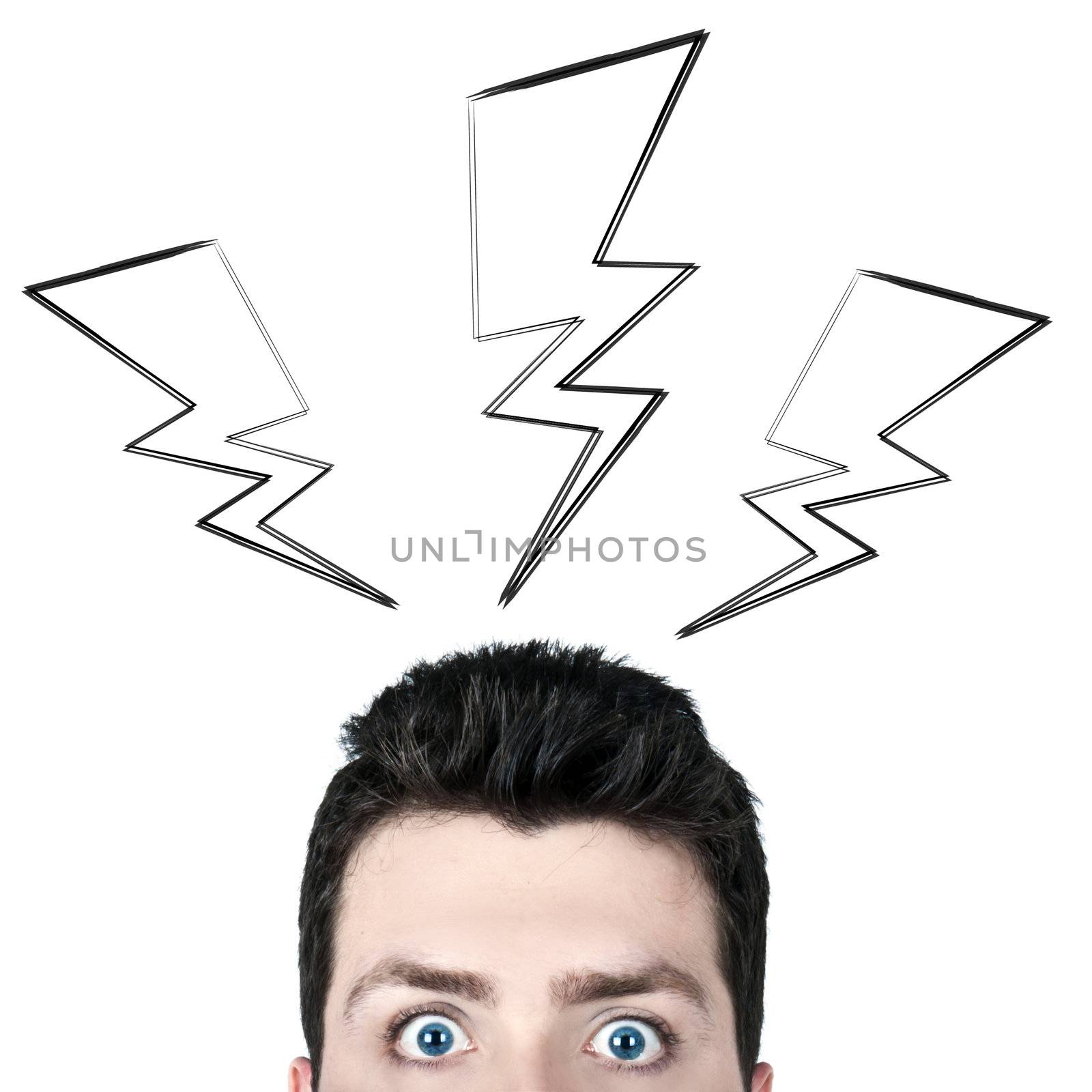 Young man surprised with wide open eyes and a thunder icon above his head
