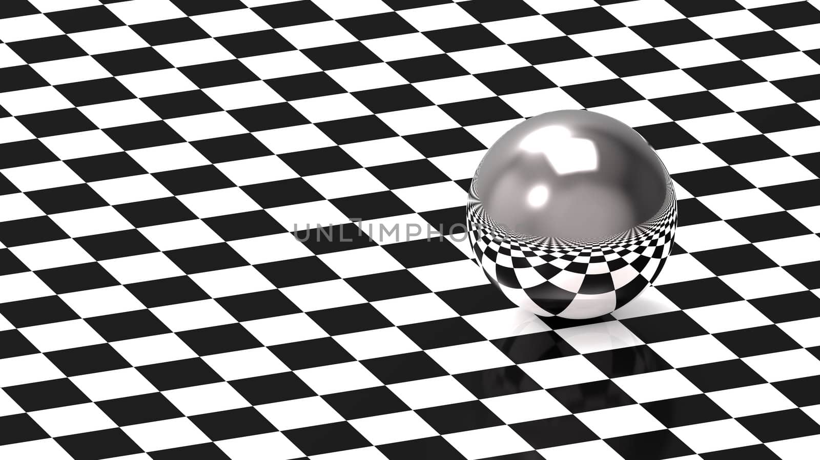 Metallic sphere on chess pattern, 3d render