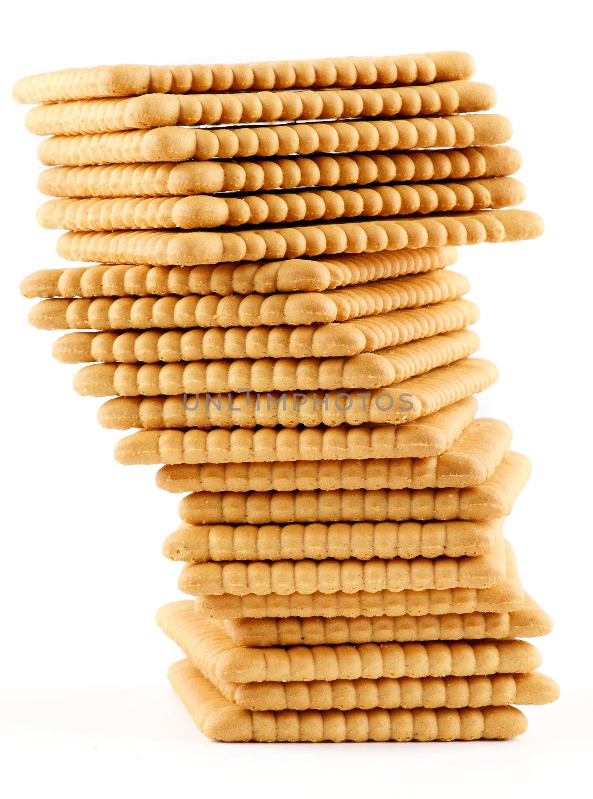 Tower of Butter cookies closeup isolated on white background