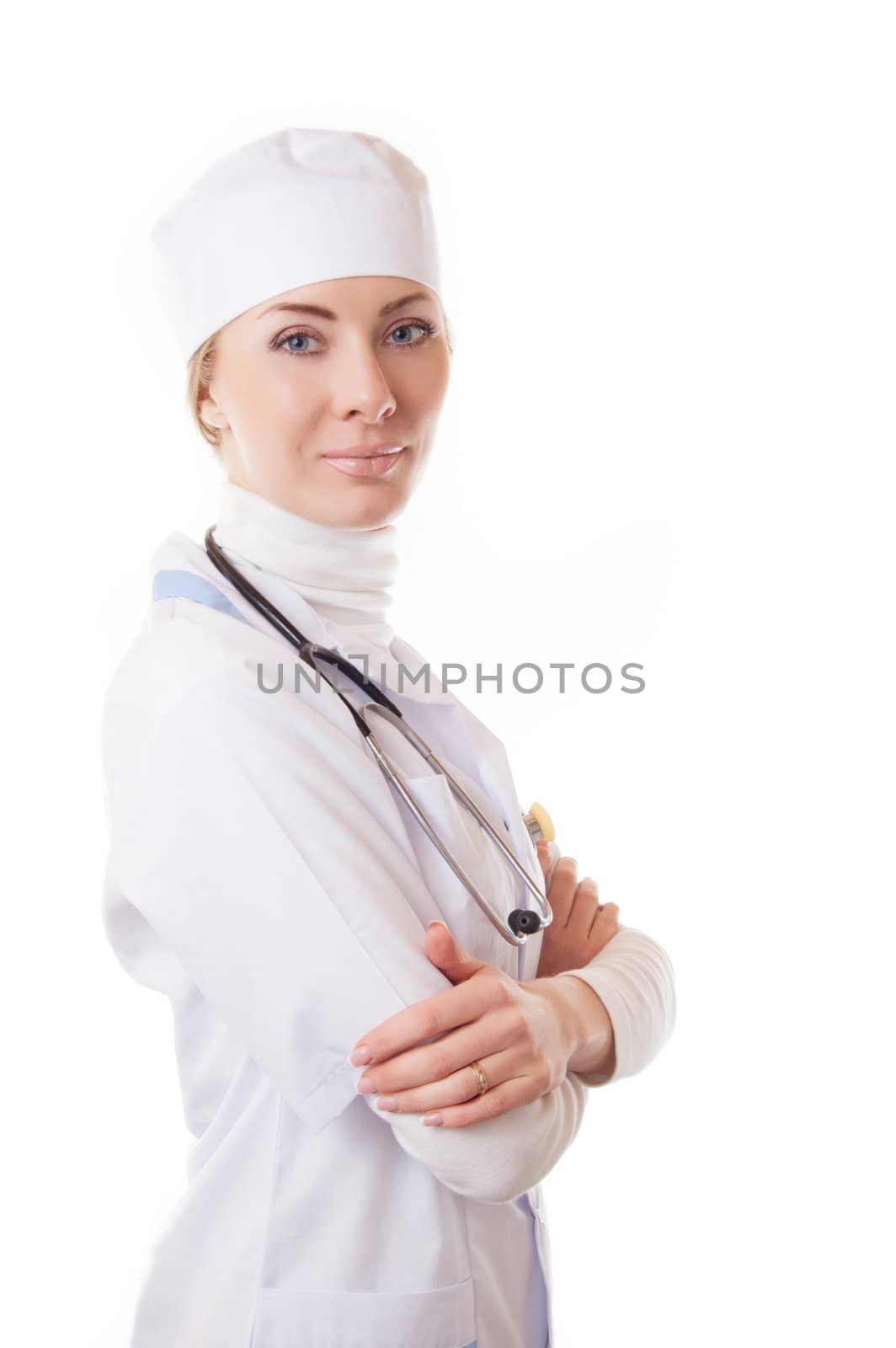 Serious medical doctor woman with stethoscope isolated on white