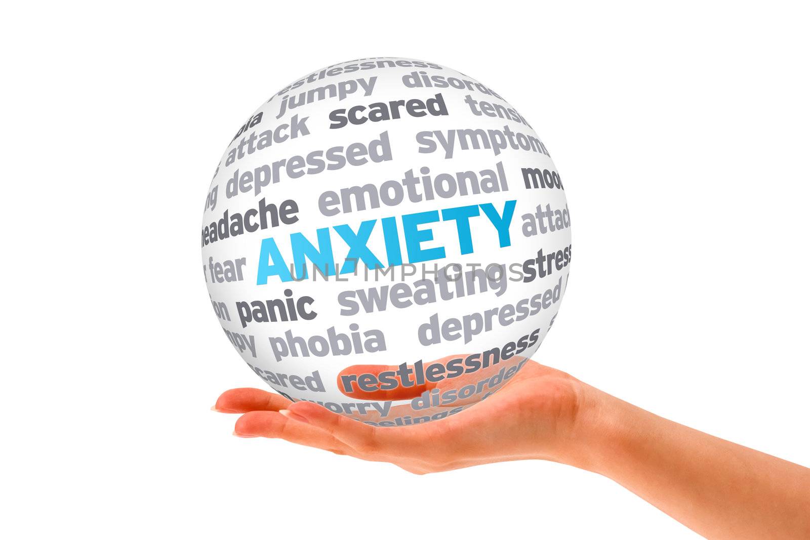 Hand holding a 3d Anxiety Word Sphere on white background. 