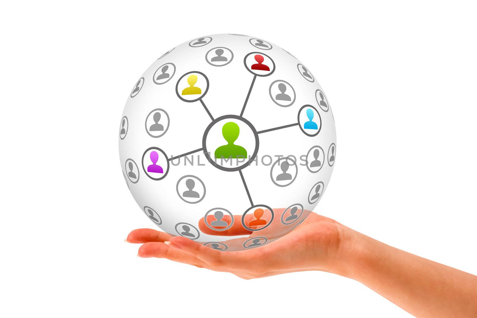 Hand holding a 3d Social Network Sphere on white background. 