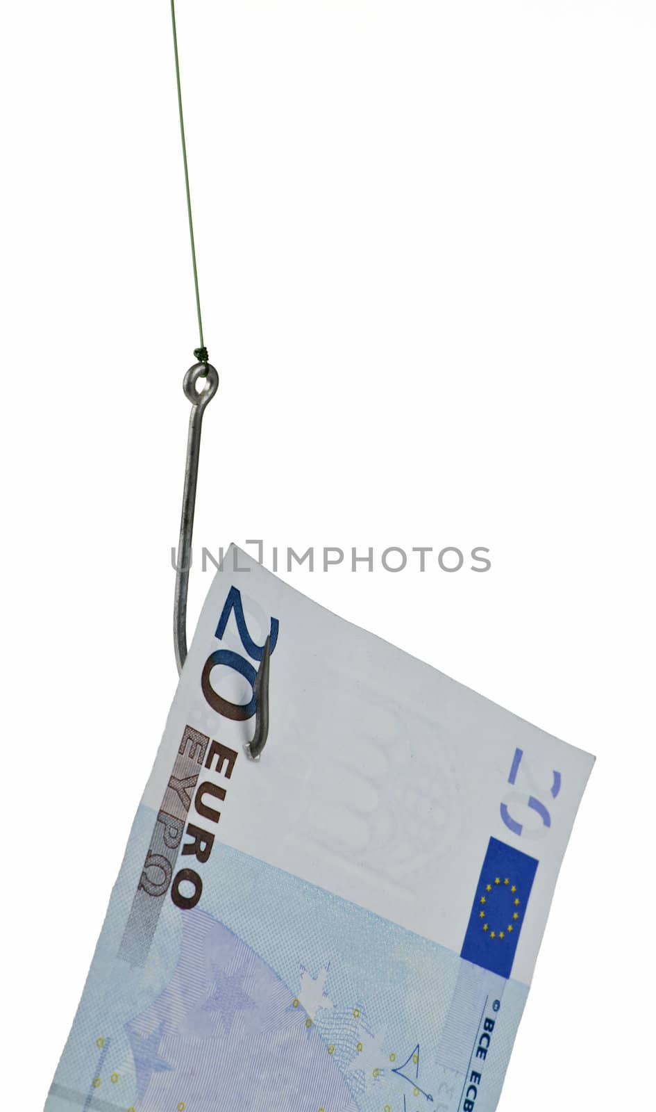 20 euro banknote on hook isolated in white background