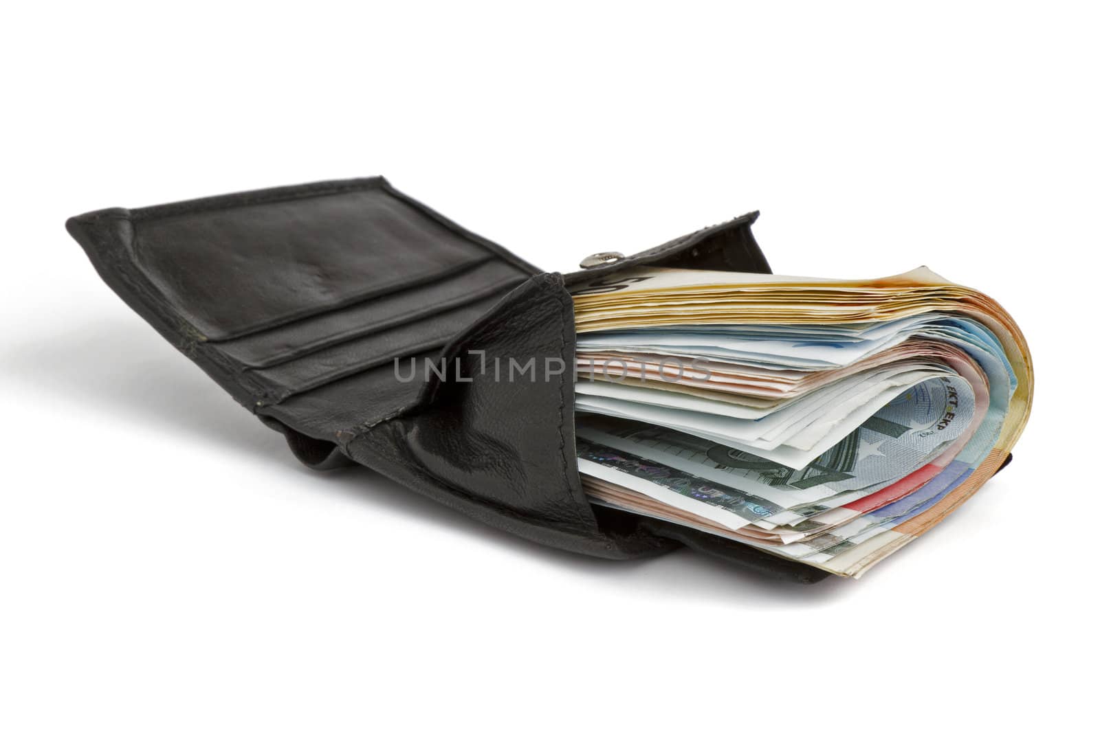many banknotes in black wallet on white background with shadow