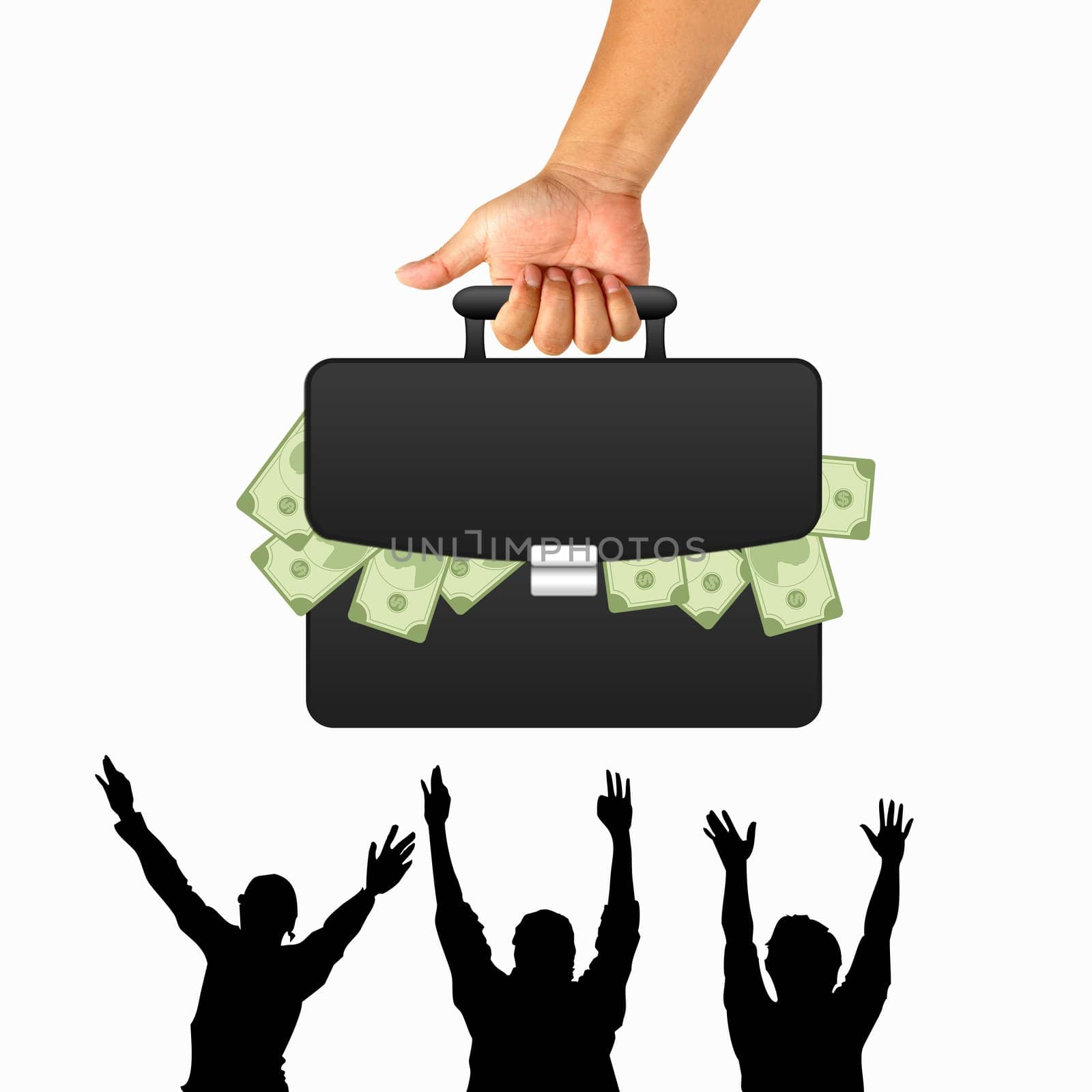 Hand with black briefcase and money
