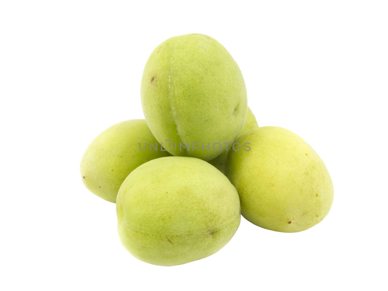 Group of fresh green plum on white background