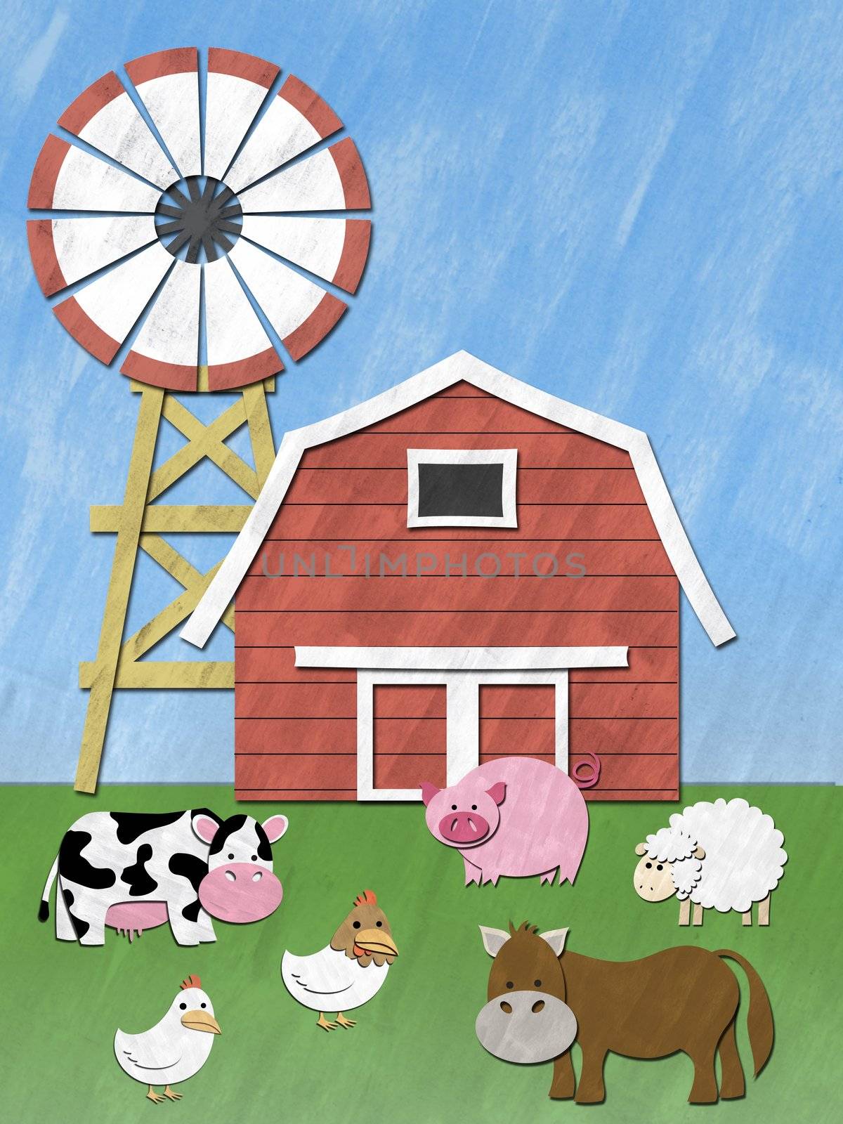 Farm Animal stand in front of barnyard and wind mill