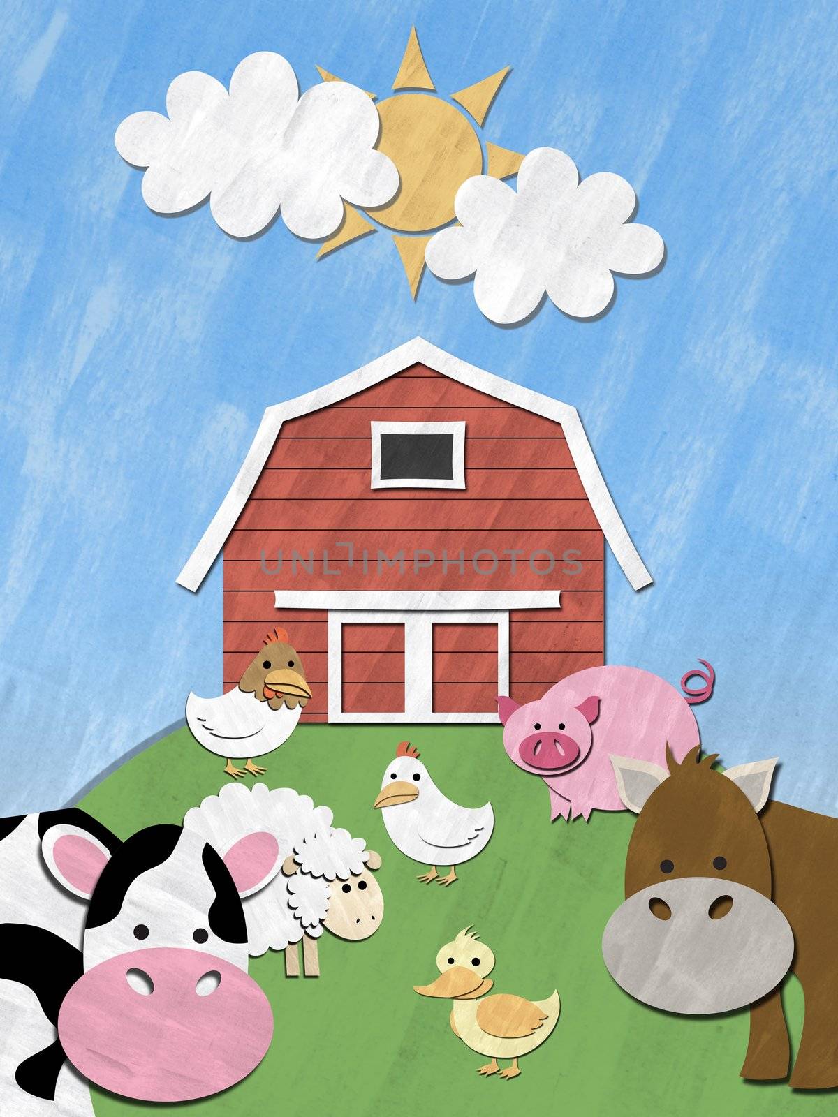 Farm animals stand in front of barnyard on sunny day
