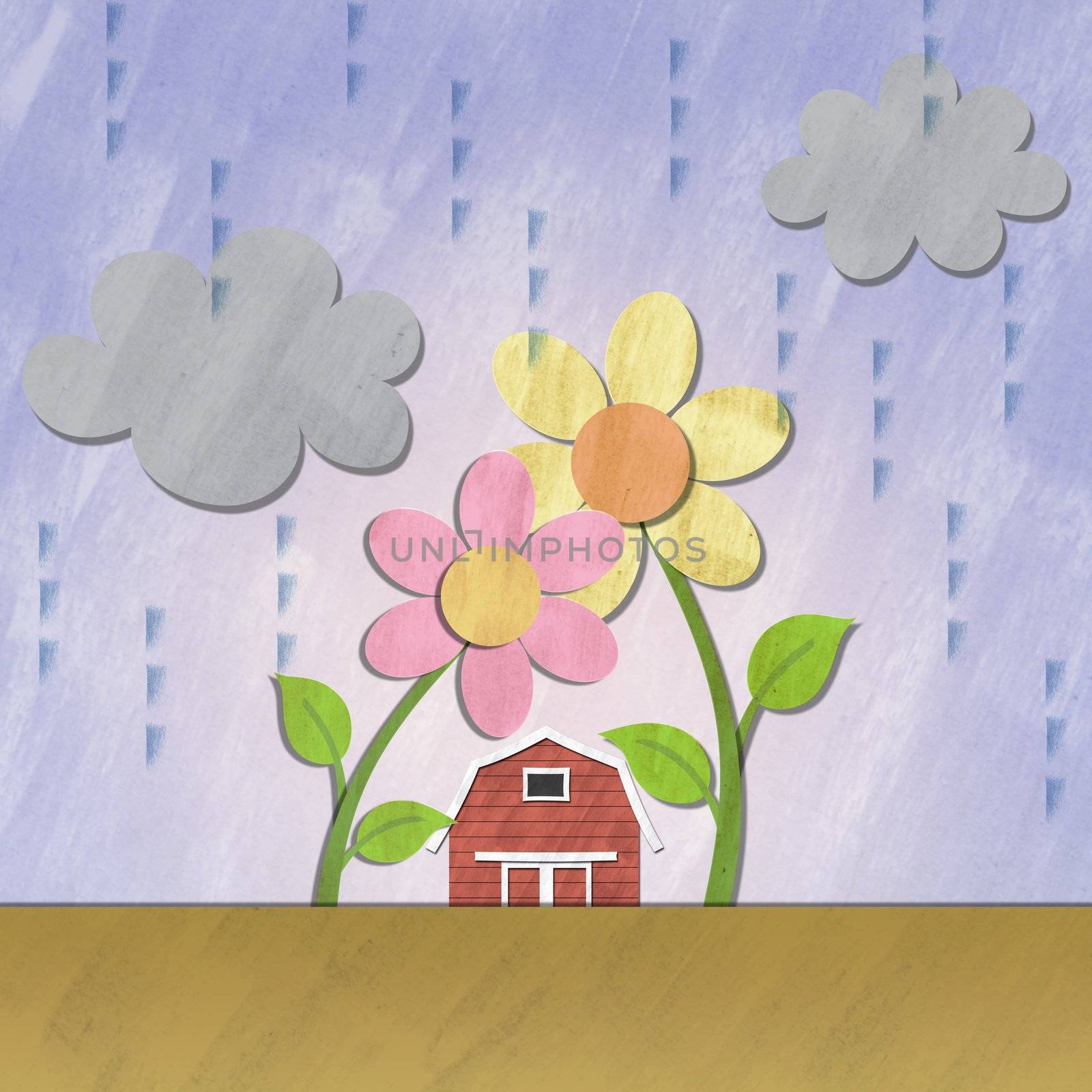 a small red house under flower on rainy day