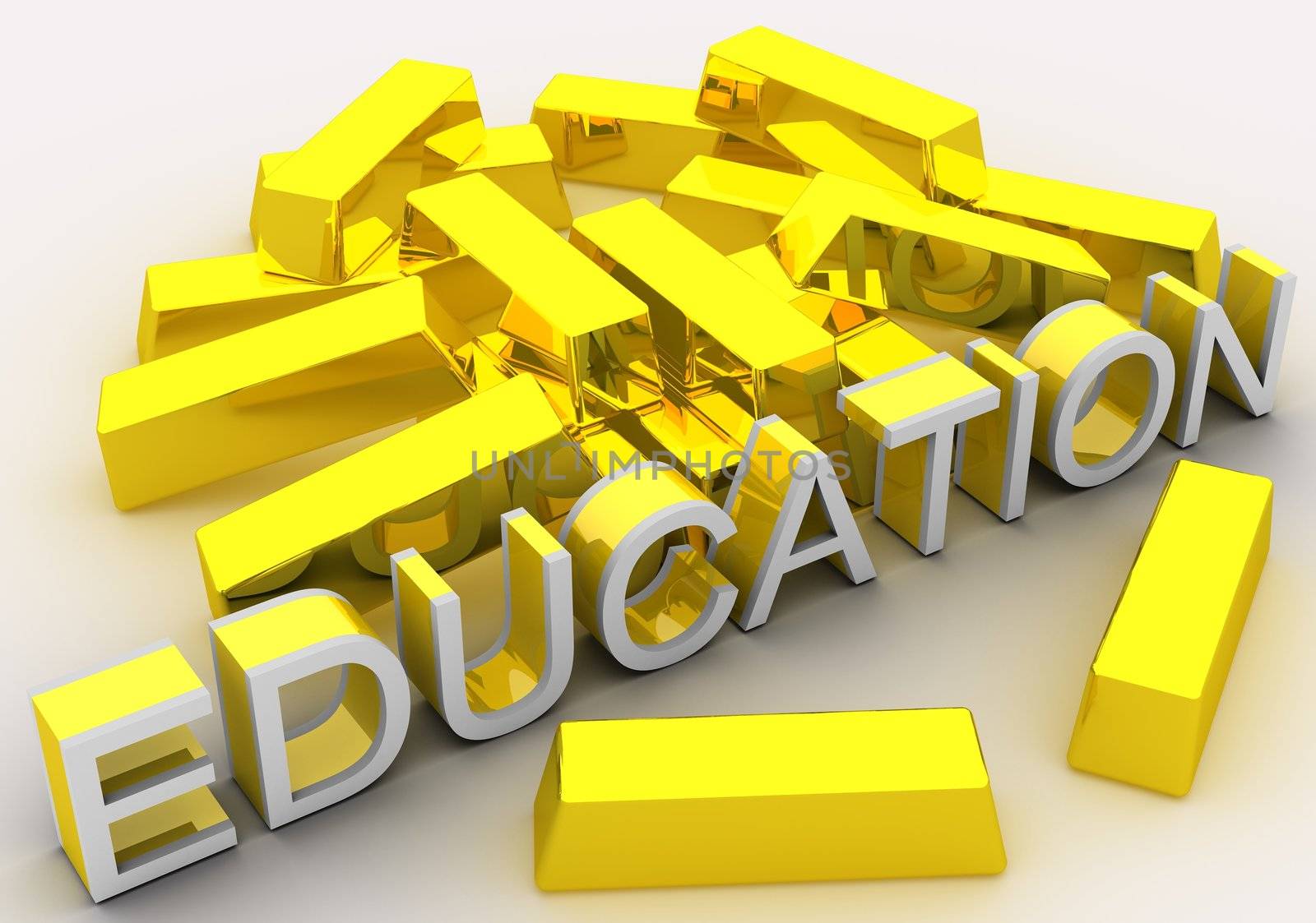 Concept of valuable education and how education level positively affects salary. Idea is portrayed by English 3d text (EDUCATION) placed in front of a lot of golden bars. Alternatively it can be also symbolizing high study expenses. Text and its letters are rendered in golden color. Whole scene is rendered and isolated on white background.