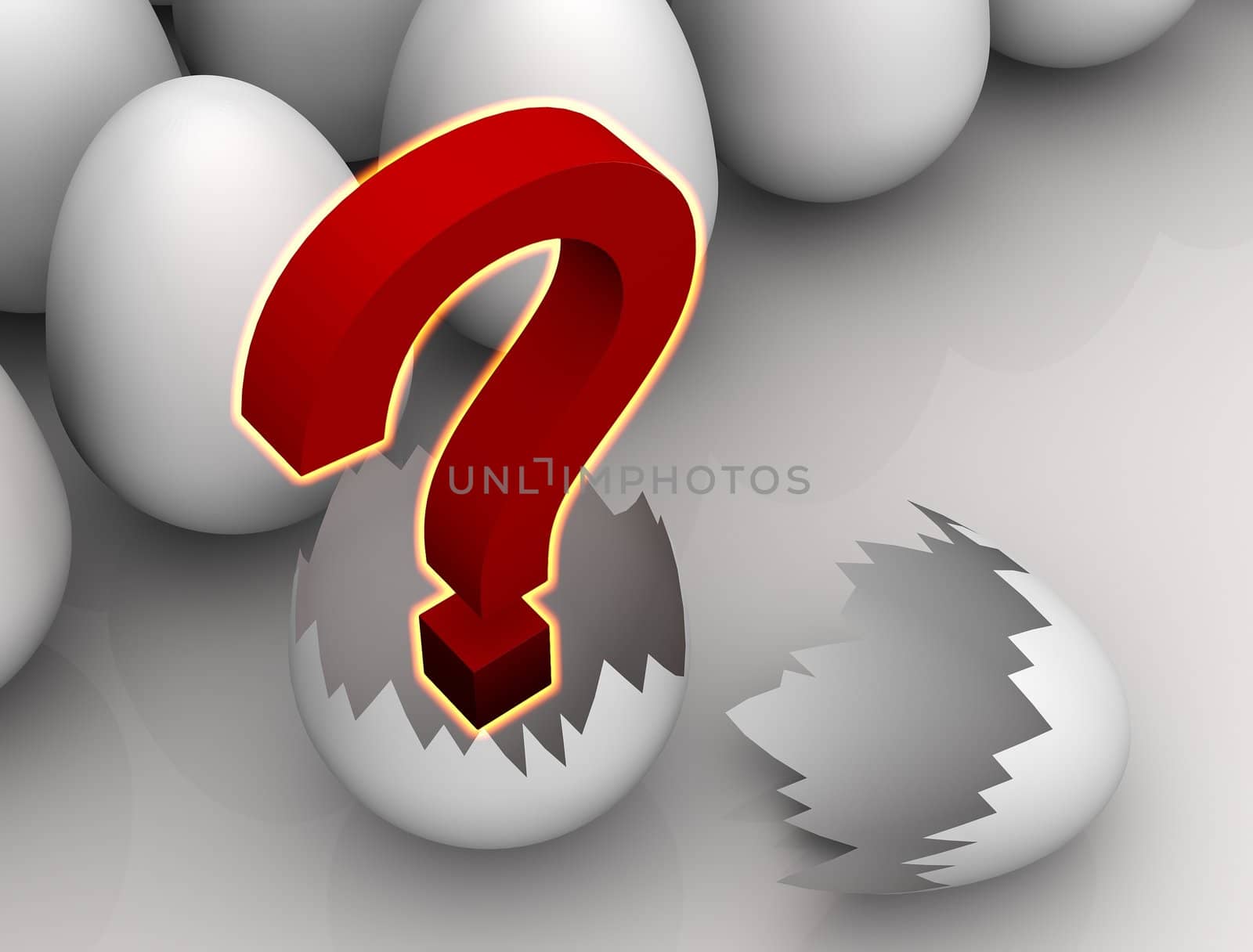 Concept of crowd of white not-yet cracked eggs with one egg already cracked. Close view of cracked egg unhides red glowing question mark as a symbol of something unknown, hidden or some secret. Scene rendered and isolated on white background with slight reflection.