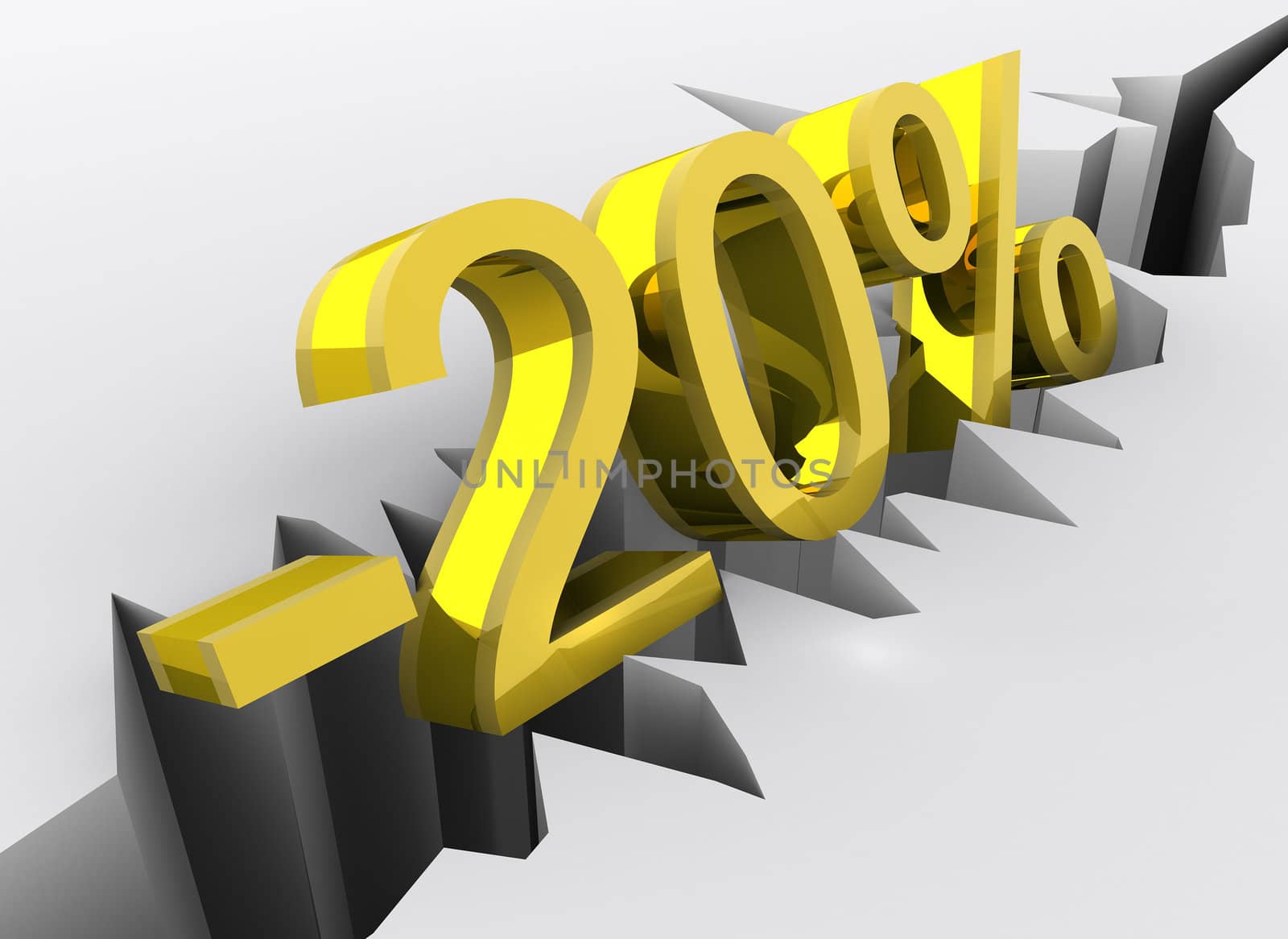 Concept of 20 percent discount portrayed by golden 3d number (minus twenty percent) rendered and isolated on white background with slight reflection in the ground.