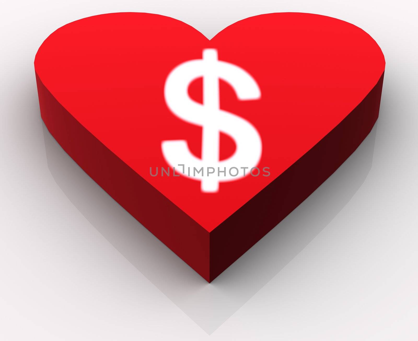 Concept of love for dollars or money generally. Idea is portrayed by white intensively glowing dollar rendered on the top of red heart. Scene rendered and isolated on white background with slight reflection.