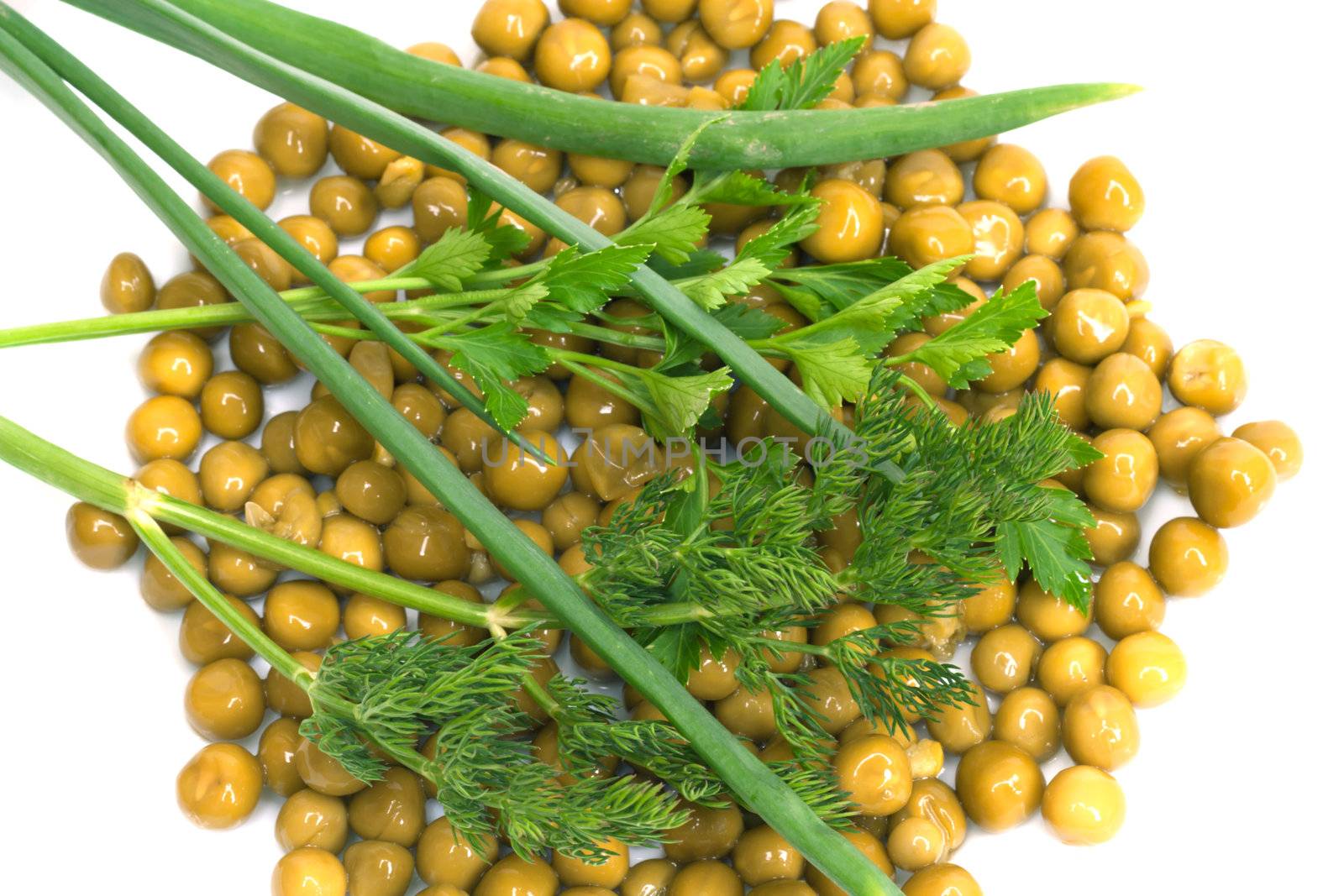 green peas, parsley, dill, onions on a white background by schankz
