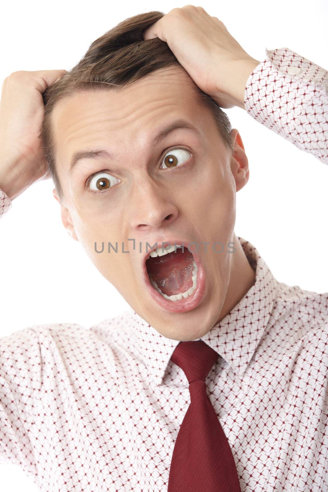 A businessman in trouble making brainstorm on white background