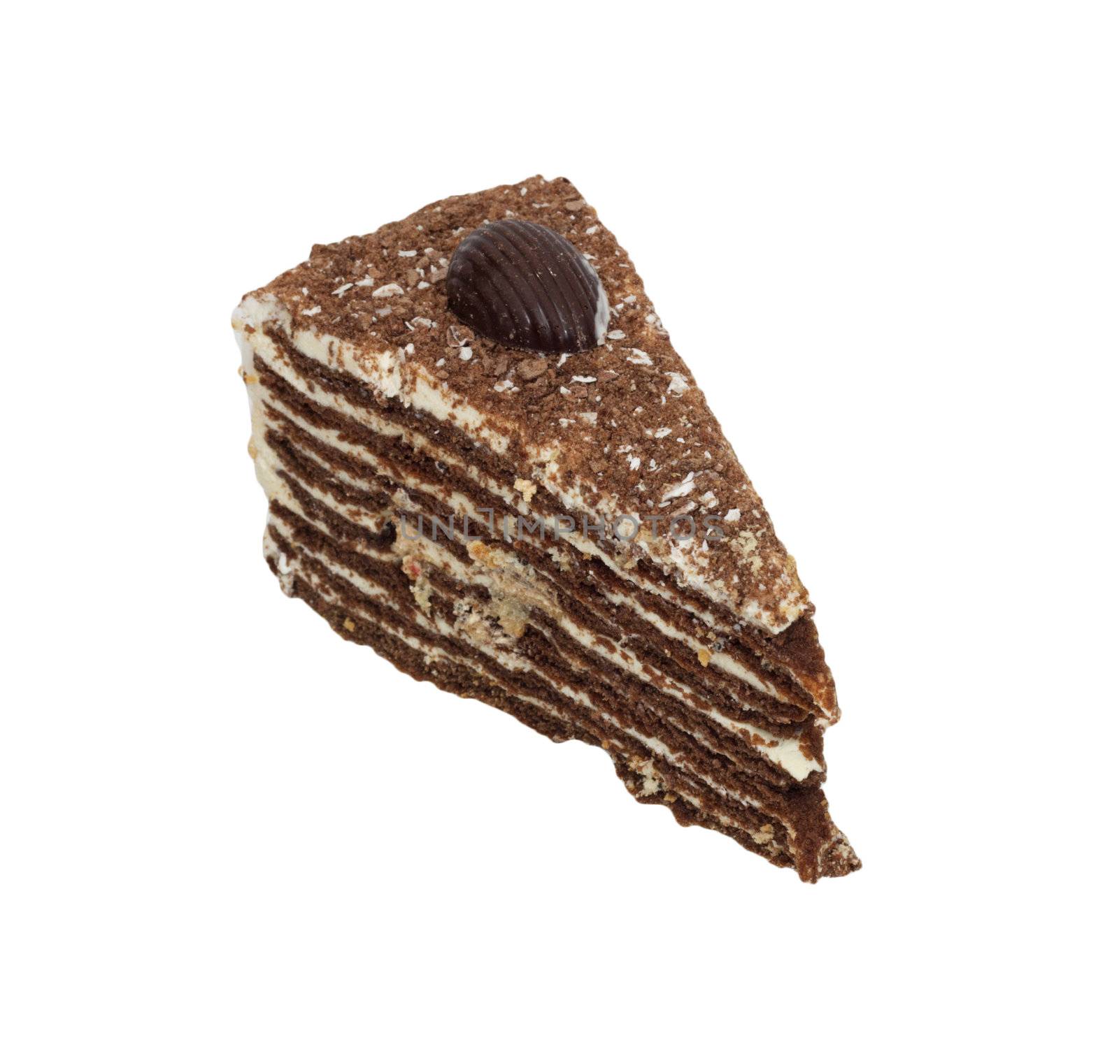 Piece of chocolate cake filled with cream isolated  by schankz